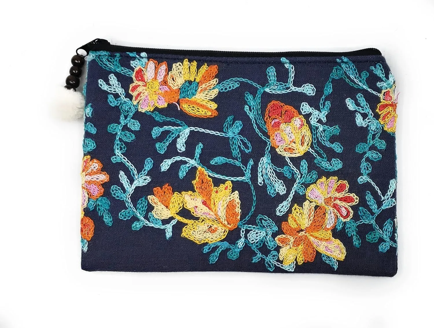 Ayuni Gifts of the World Beautifully Embroidered Thai Cotton Pouch, Change Purse, Makeup Bag or Wristlet Colorful Floral Patterns (Dark Blue, Makeup Bag)