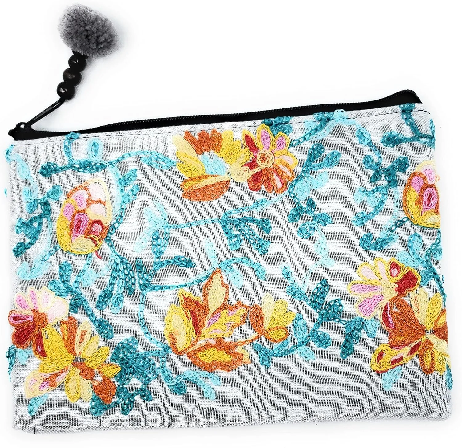 Ayuni Gifts of the World Beautifully Embroidered Thai Cotton Pouch, Change Purse, Makeup Bag or Wristlet Colorful Floral Patterns (Grey, Makeup Bag)