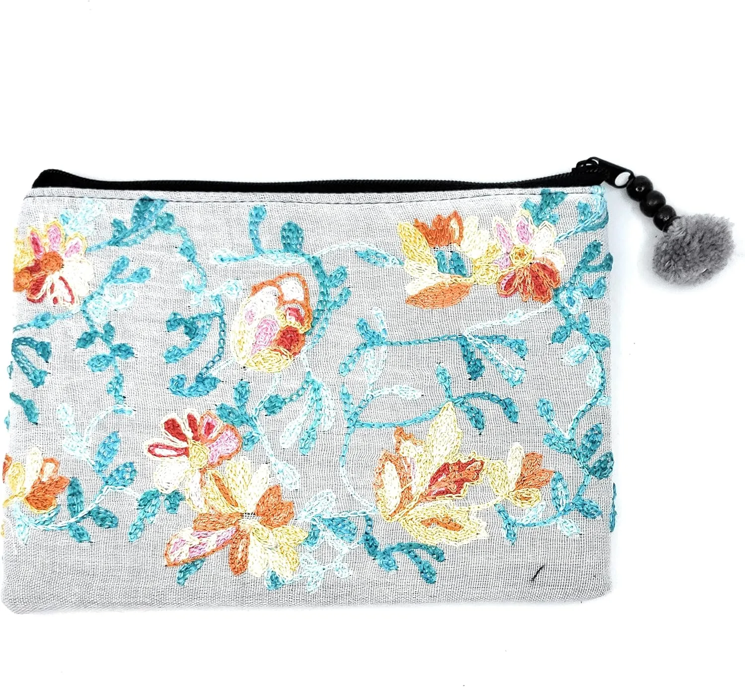Ayuni Gifts of the World Beautifully Embroidered Thai Cotton Pouch, Change Purse, Makeup Bag or Wristlet Colorful Floral Patterns (Grey, Makeup Bag)