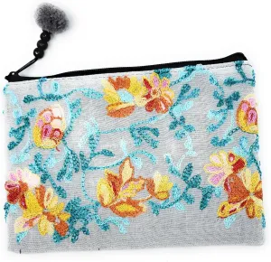 Ayuni Gifts of the World Beautifully Embroidered Thai Cotton Pouch, Change Purse, Makeup Bag or Wristlet Colorful Floral Patterns (Grey, Makeup Bag)