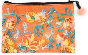 Ayuni Gifts of the World Beautifully Embroidered Thai Cotton Pouch, Change Purse, Makeup Bag or Wristlet Colorful Floral Patterns (Orange, Makeup Bag)