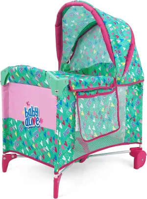 Baby Alive: Deluxe Doll Play Yard - Green, Pink, Hearts - Accessory for Dolls Up to 18", Folding, Wheeled Crib, Adjustable Canopy, Kids Toy, Ages 3 