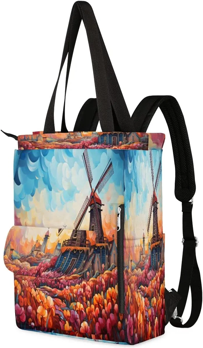 Backpack Purse for Women Men Laptop Tote Backpacks Lightweight Travel Backpack Oil Painting Windmill College Backpacks Bookbag Day Pack for Work, Travel