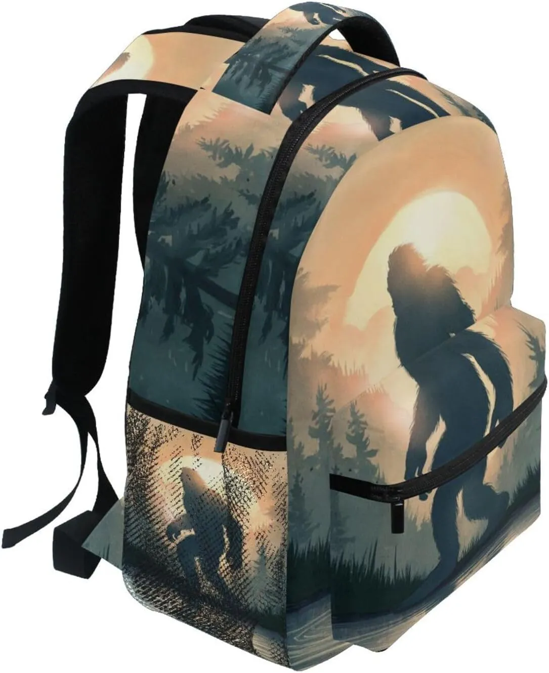 Backpack Sasquatch Forest Pond Daypack Shoulder Bag Book Bag Lightweight Back Pack with Reflective Strip Travel Laptop Daypack 12 ×16.9 In
