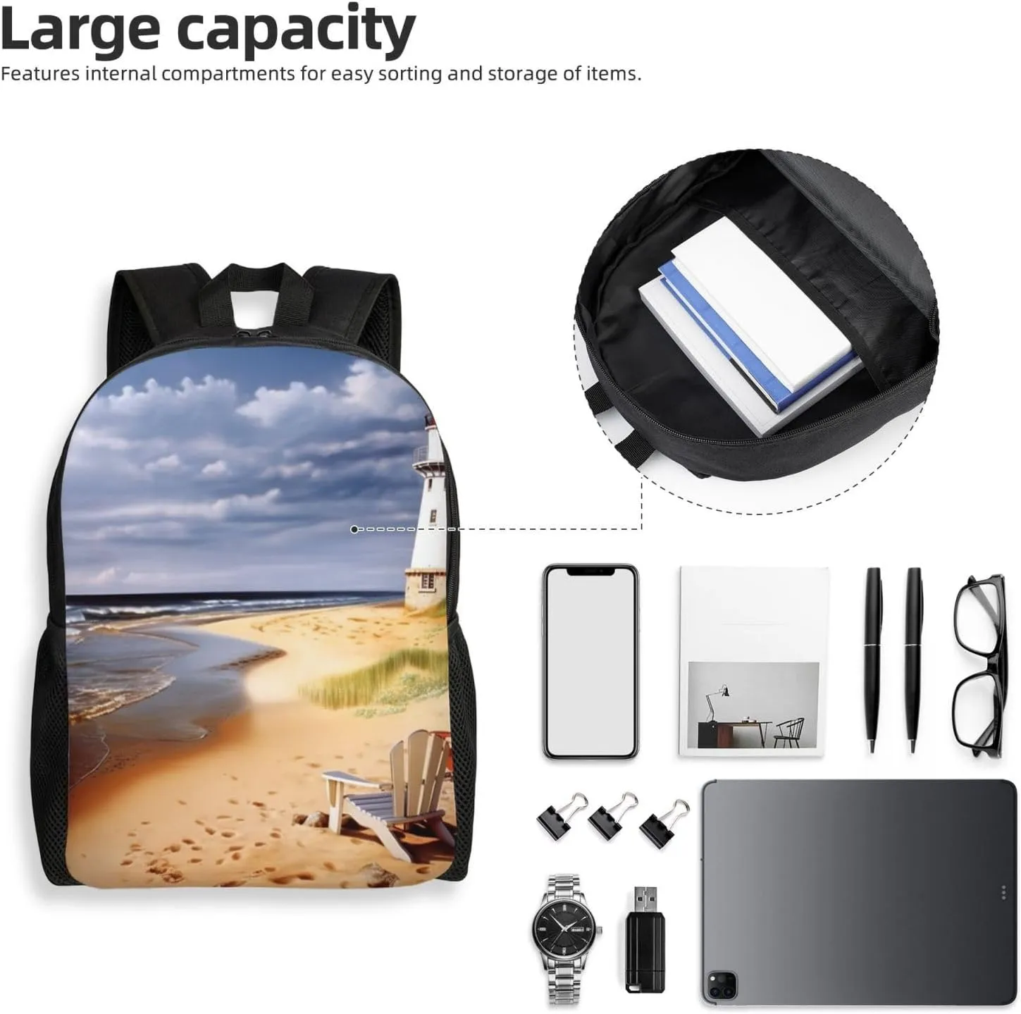 Backpack Travel Laptop Backpack For Men Women Lightweight Rucksack Sea Lighthouses Sandbeach Casual Daypack