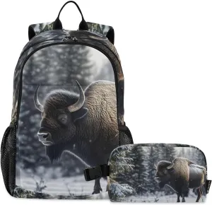 Backpack with Lunch Box Bison Winter Forest Daypack Shoulder Bag with Lunch Bag Set for Women Men Book Bag with Laptop Compartment and Insulated Lunch Bag