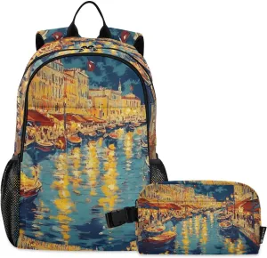 Backpack with Lunch Box Marseille Boats Landscape Daypack Shoulder Bag with Lunch Bag Set for Women Men Book Bag with Laptop Compartment and Insulated Lunch Bag
