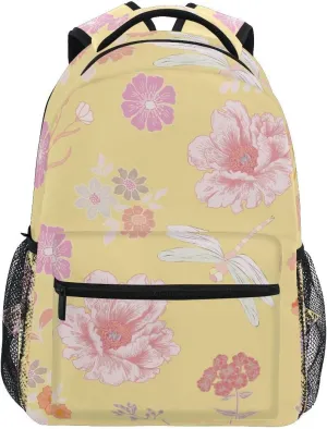 Backpack Yellow Dragonfly Pastoral Flowers Floral Rustic Garden Plants Herbs Daypack Shoulder Bag with Name Label Tag for Travel Hiking Sports Gym Casual Camping