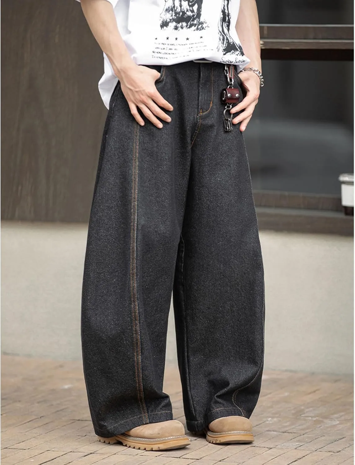 Baggy Barrel Jeans for Men Boys Y2K Elastic Waist Pull On Denim Pants Casual Wide Leg Raw Jeans Streetwear