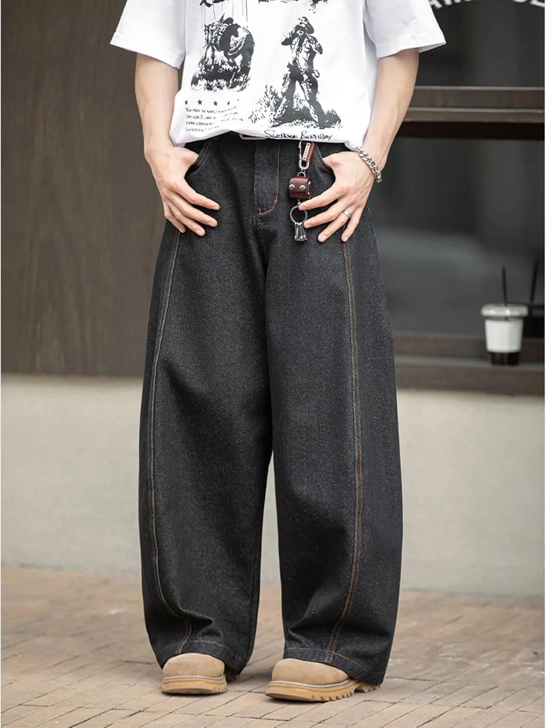 Baggy Barrel Jeans for Men Boys Y2K Elastic Waist Pull On Denim Pants Casual Wide Leg Raw Jeans Streetwear