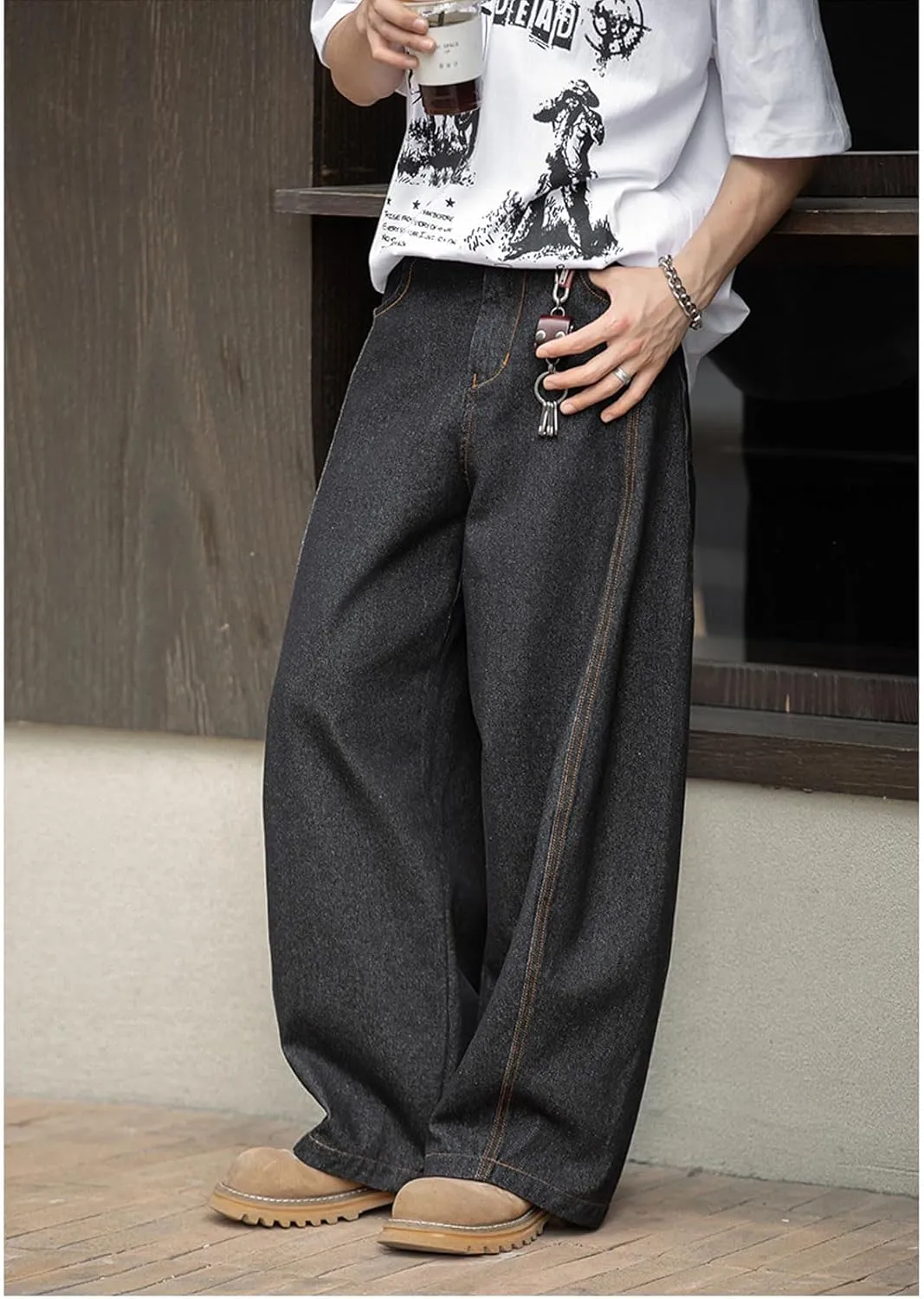 Baggy Barrel Jeans for Men Boys Y2K Elastic Waist Pull On Denim Pants Casual Wide Leg Raw Jeans Streetwear