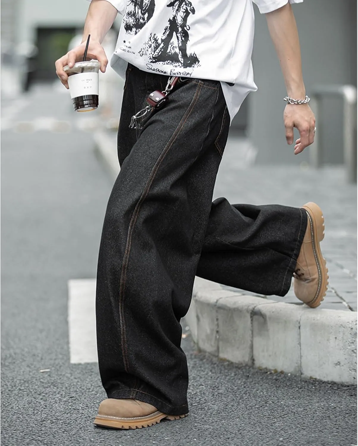 Baggy Barrel Jeans for Men Boys Y2K Elastic Waist Pull On Denim Pants Casual Wide Leg Raw Jeans Streetwear