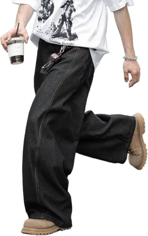 Baggy Barrel Jeans for Men Boys Y2K Elastic Waist Pull On Denim Pants Casual Wide Leg Raw Jeans Streetwear