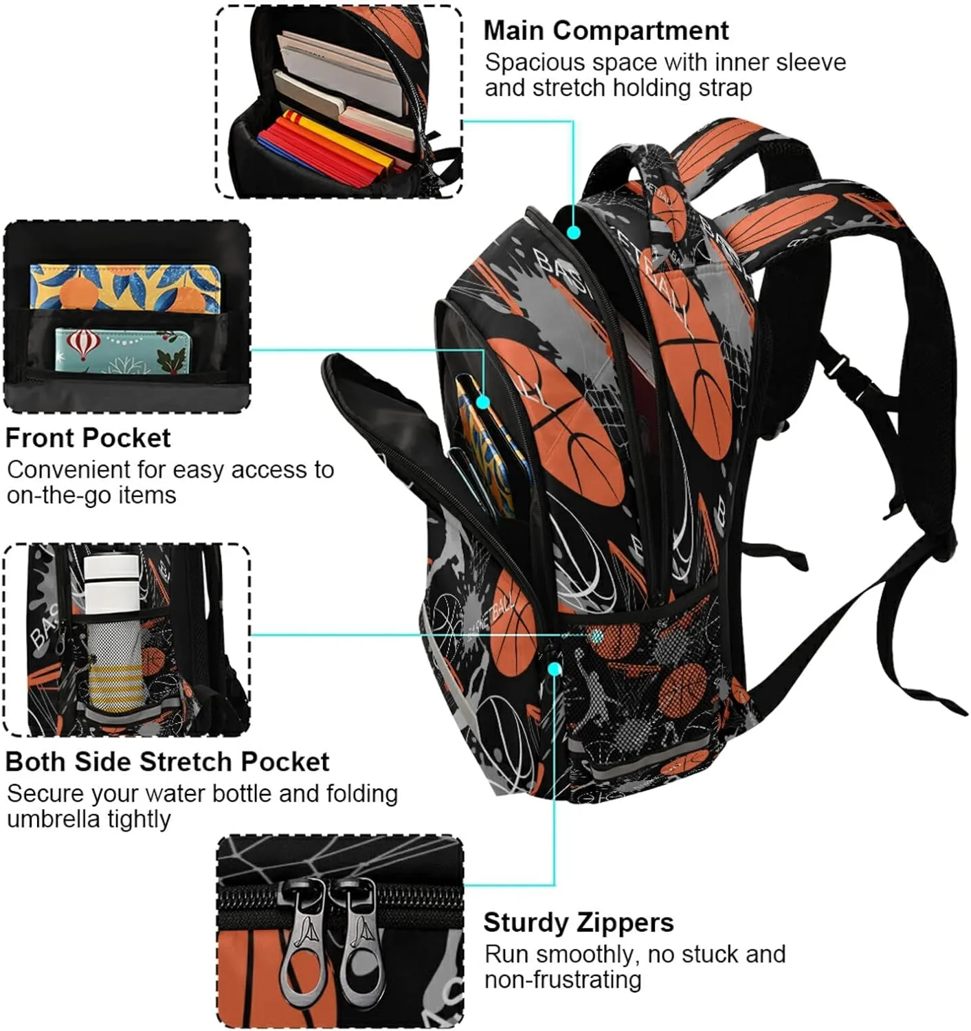Basketball Kids Backpack Basket Ball Game Backpacks for Teens Girls Boys School Book Casual Daypack 16 in Back Pack Laptop Bag Double Zipper Travel Sports Bags with Adjustable Shoulder Strap