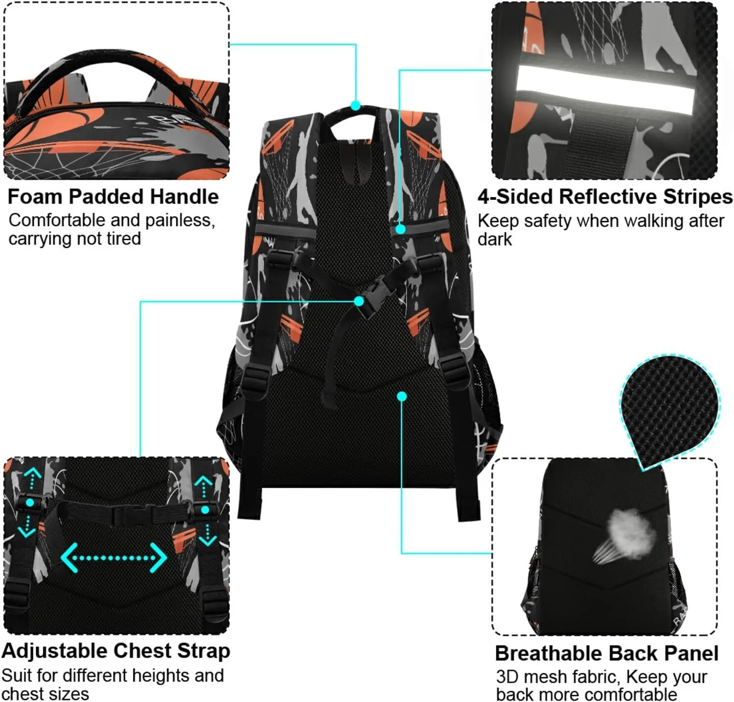 Basketball Kids Backpack Basket Ball Game Backpacks for Teens Girls Boys School Book Casual Daypack 16 in Back Pack Laptop Bag Double Zipper Travel Sports Bags with Adjustable Shoulder Strap