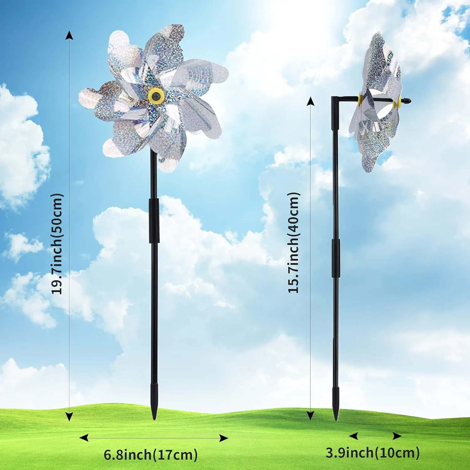 BATTIFE 10 Pack Reflective Pinwheels for Yard and Garden, Pre-Installed Sparkly Silver Blind Birds Pin Wheel, Scare Birds & Animal Away Wind Spinner