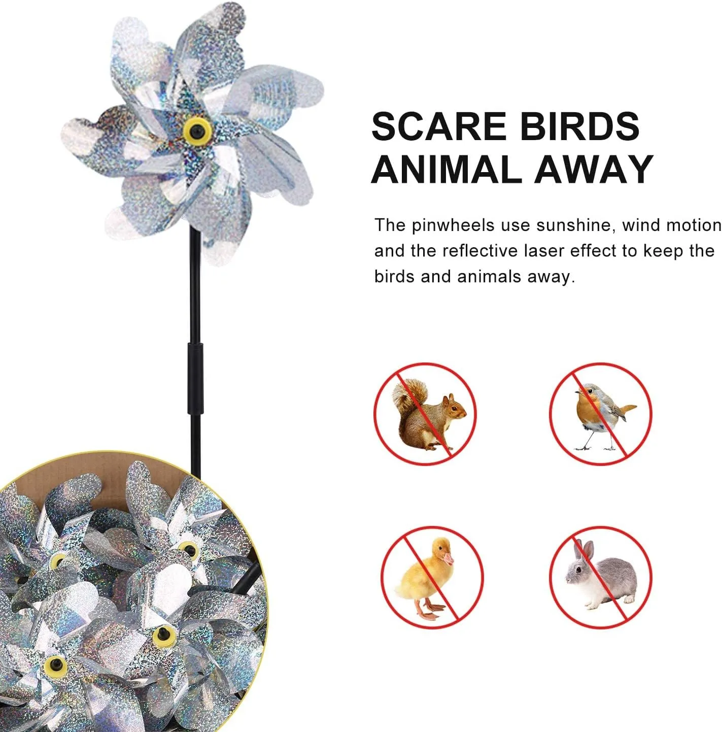BATTIFE 10 Pack Reflective Pinwheels for Yard and Garden, Pre-Installed Sparkly Silver Blind Birds Pin Wheel, Scare Birds & Animal Away Wind Spinner