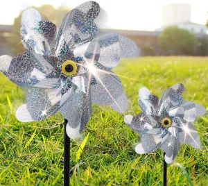 BATTIFE 10 Pack Reflective Pinwheels for Yard and Garden, Pre-Installed Sparkly Silver Blind Birds Pin Wheel, Scare Birds & Animal Away Wind Spinner