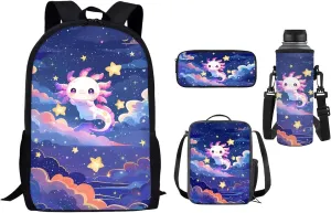 Belidome Adorable Axolotl Girls' School Backpack   Lunch Tote Bag   Pencil Case for Middle Primary School Kids 4 Pack Bookbag Set