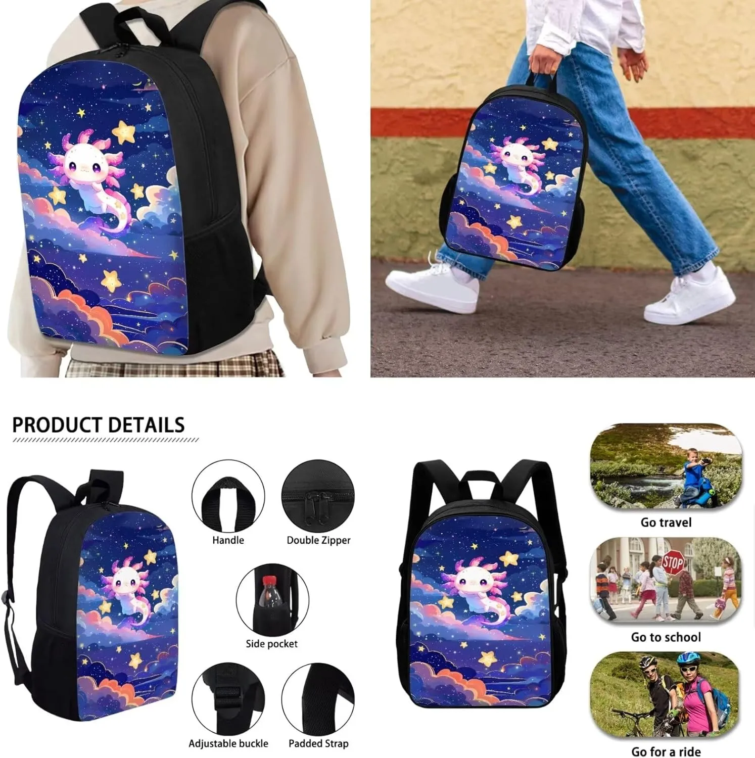 Belidome Adorable Axolotl Girls' School Backpack   Lunch Tote Bag   Pencil Case for Middle Primary School Kids 4 Pack Bookbag Set
