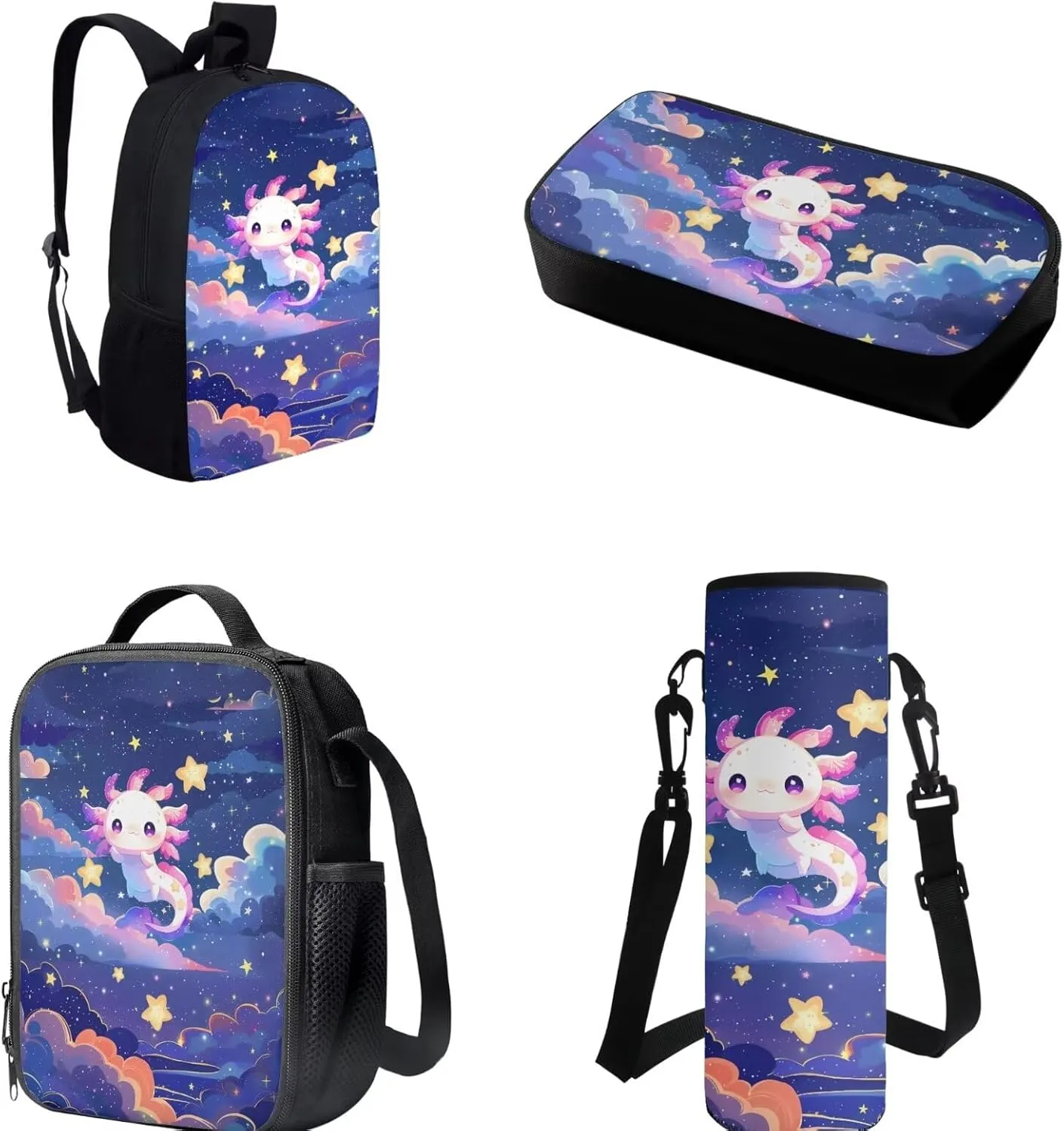 Belidome Adorable Axolotl Girls' School Backpack   Lunch Tote Bag   Pencil Case for Middle Primary School Kids 4 Pack Bookbag Set