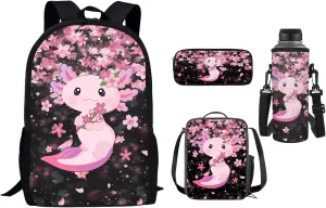 Belidome Cute Axolotl Cherry Blossom School Backpack Set for Girls Insulated Lunchbox Case Pencil Case Bottle Holder Bag 4 in 1