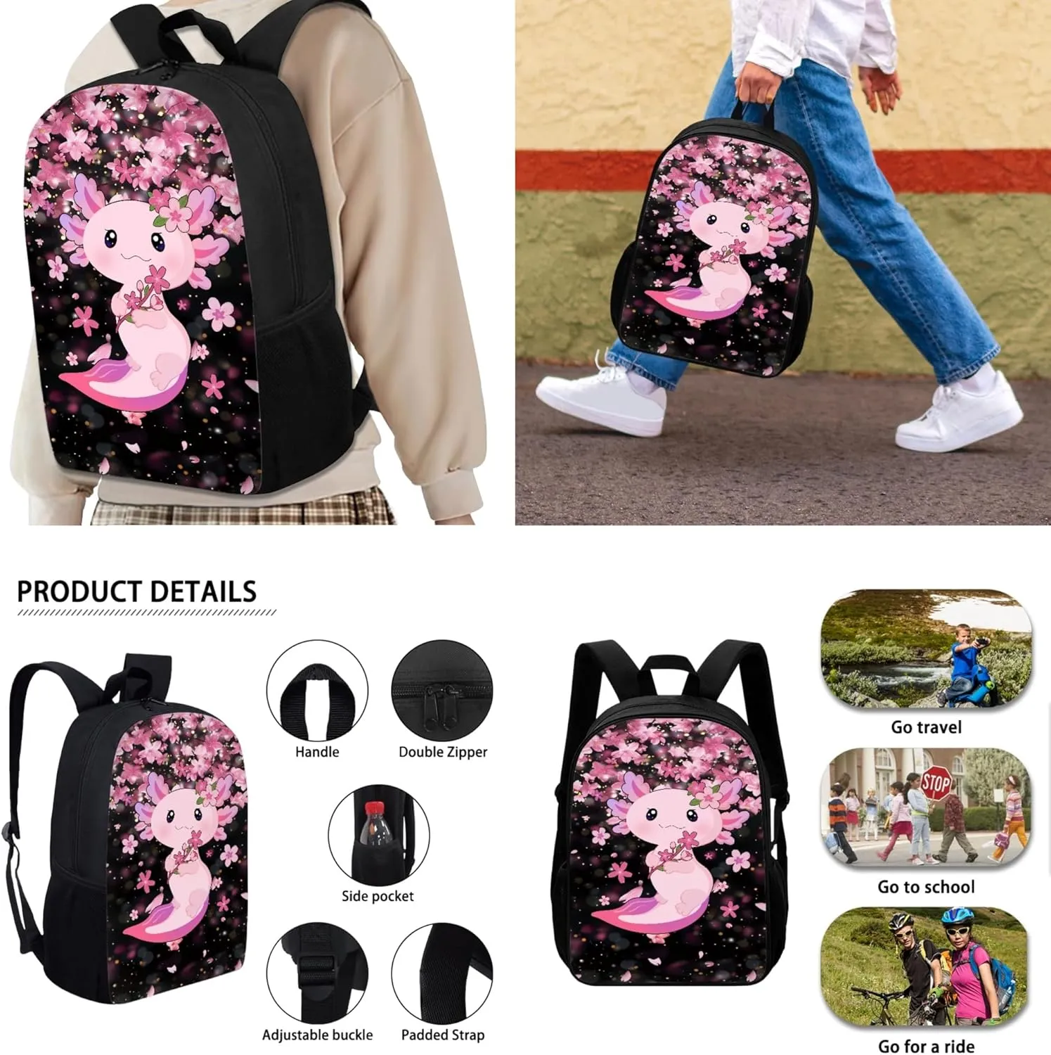 Belidome Cute Axolotl Cherry Blossom School Backpack Set for Girls Insulated Lunchbox Case Pencil Case Bottle Holder Bag 4 in 1