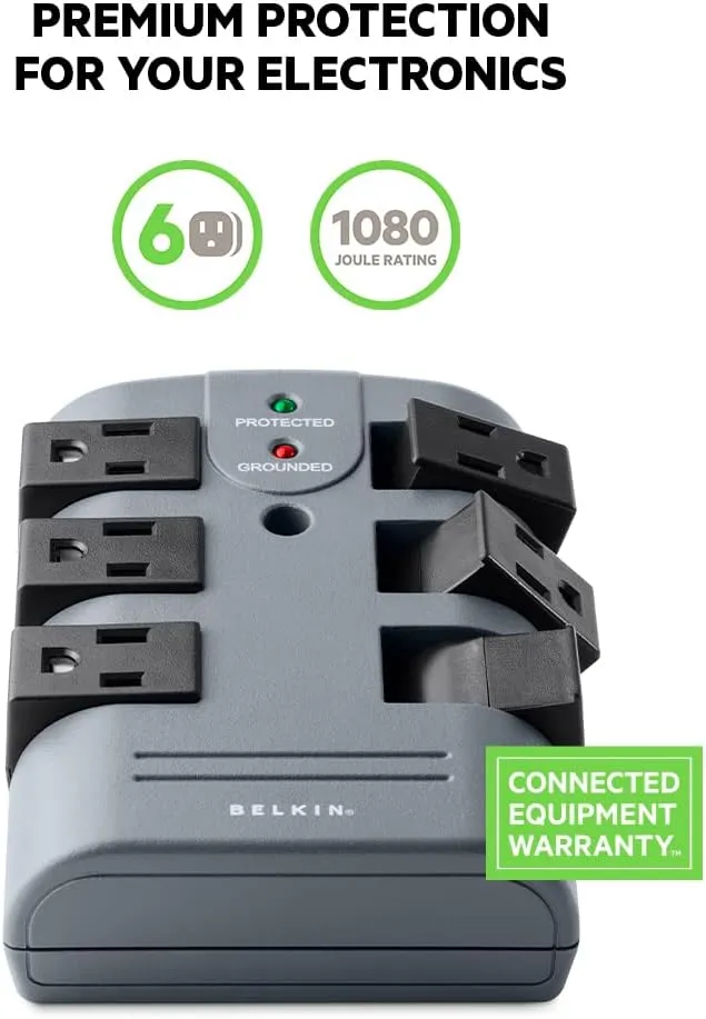 Belkin 6-Outlet Pivot-Plug Surge Protector w/ Wall Mount - Ideal for Mobile Devices, Personal Electronics, Small Appliances and More (1,080 Joules) - 5 Pack