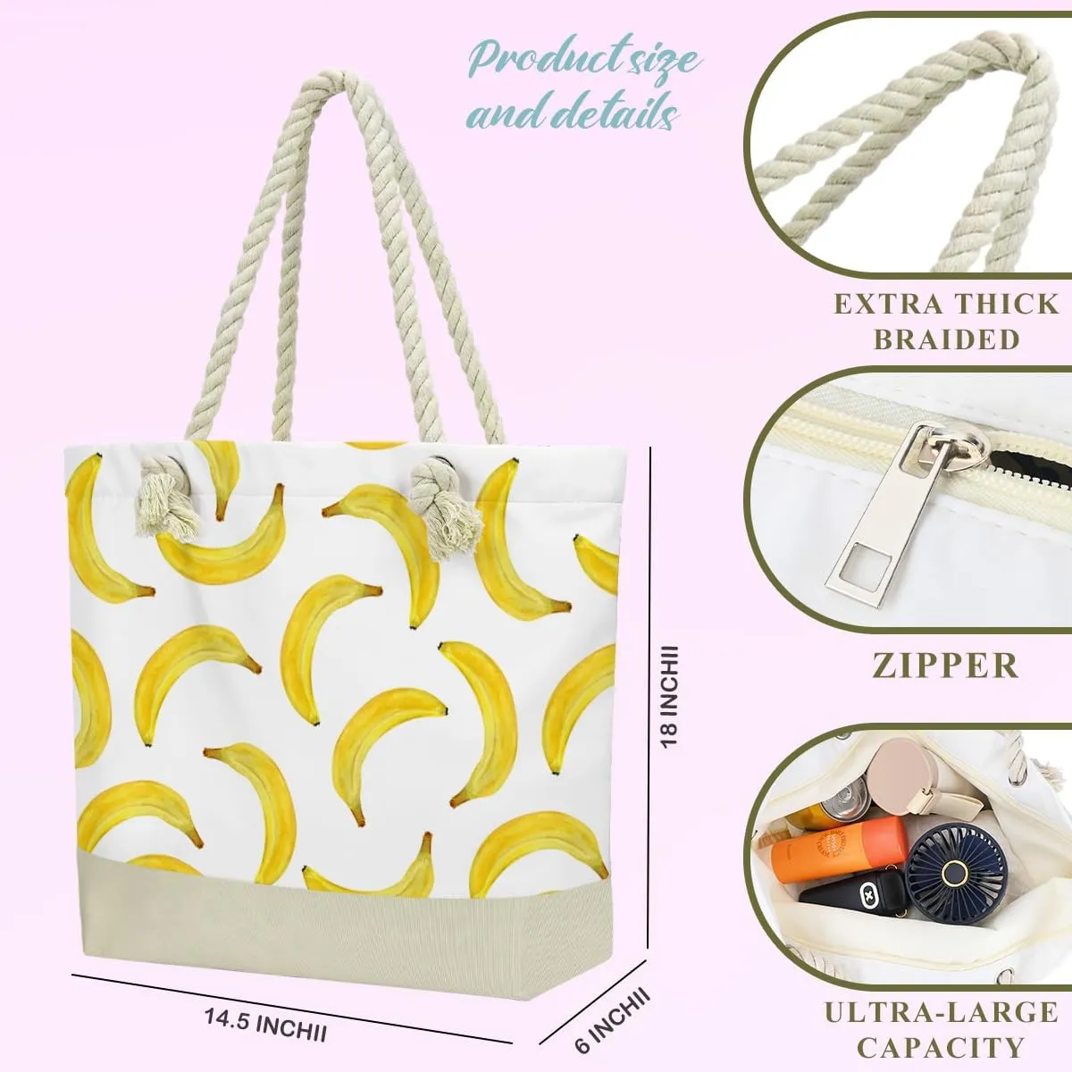 BELLOWDEER Beach Bags for Women, Wet Bag Cosmetic Bag, Pool Waterproof Shoulder Tote Bags, Pocket Zipper Summer Travel Essentials, Gifts for Women Birthday - Banana (2-Piece Set)