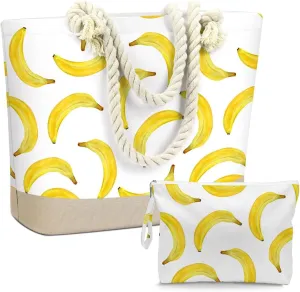 BELLOWDEER Beach Bags for Women, Wet Bag Cosmetic Bag, Pool Waterproof Shoulder Tote Bags, Pocket Zipper Summer Travel Essentials, Gifts for Women Birthday - Banana (2-Piece Set)