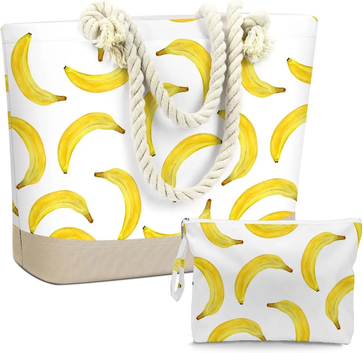 BELLOWDEER Beach Bags for Women, Wet Bag Cosmetic Bag, Pool Waterproof Shoulder Tote Bags, Pocket Zipper Summer Travel Essentials, Gifts for Women Birthday - Banana (2-Piece Set)