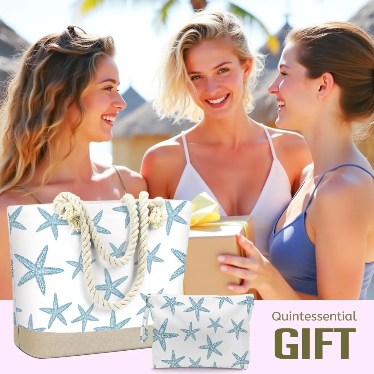 BELLOWDEER Beach Bags for Women, Wet Bag Cosmetic Bag, Pool Waterproof Shoulder Tote Bags, Pocket Zipper Summer Travel Essentials, Gifts for Women Birthday - Blue Starfish (2-Piece Set)