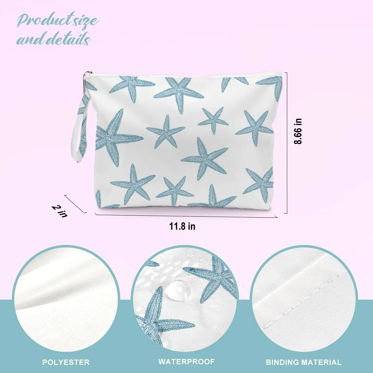BELLOWDEER Beach Bags for Women, Wet Bag Cosmetic Bag, Pool Waterproof Shoulder Tote Bags, Pocket Zipper Summer Travel Essentials, Gifts for Women Birthday - Blue Starfish (2-Piece Set)