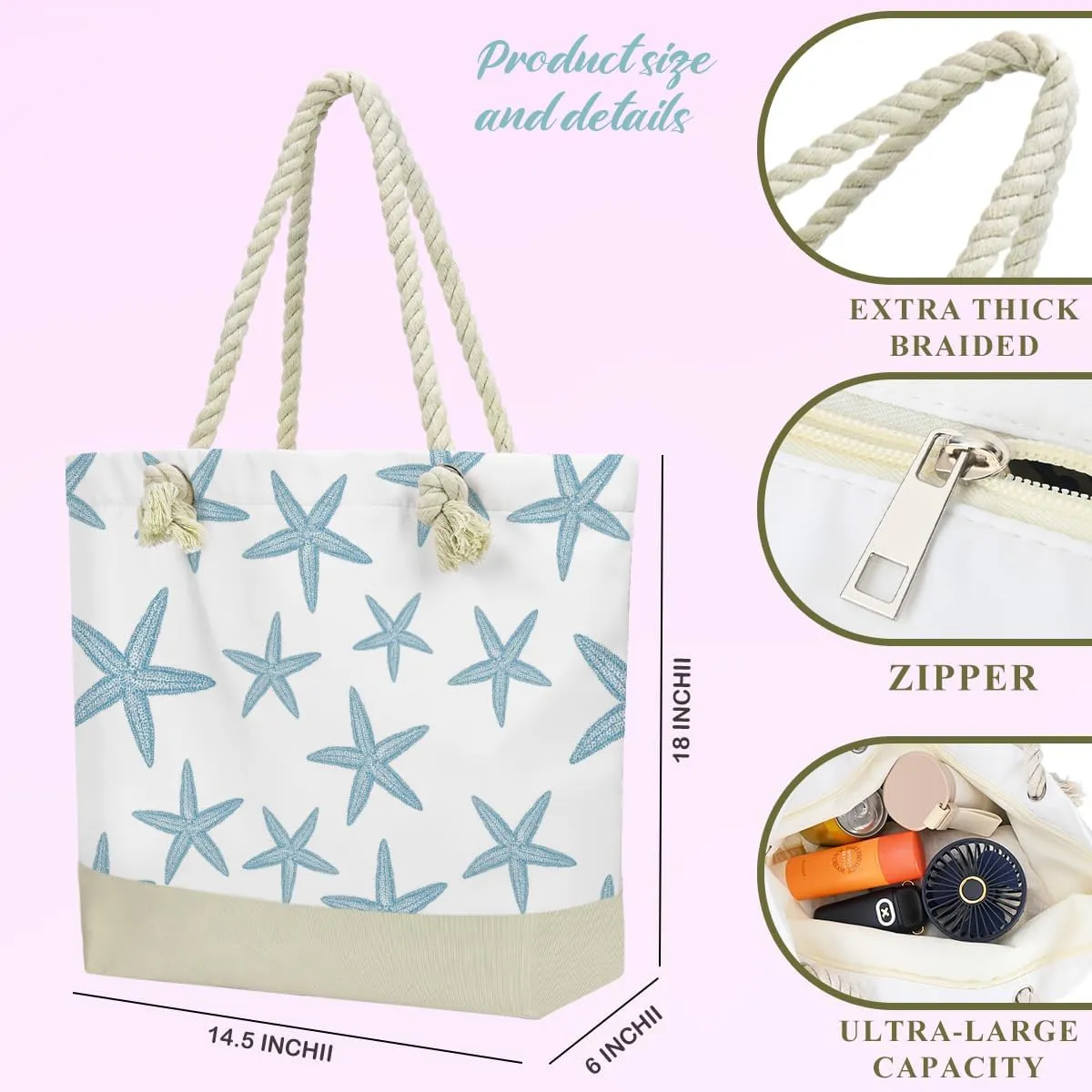 BELLOWDEER Beach Bags for Women, Wet Bag Cosmetic Bag, Pool Waterproof Shoulder Tote Bags, Pocket Zipper Summer Travel Essentials, Gifts for Women Birthday - Blue Starfish (2-Piece Set)
