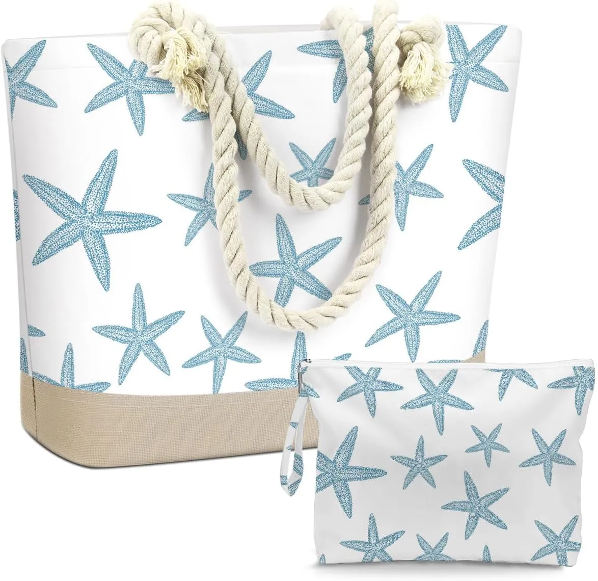 BELLOWDEER Beach Bags for Women, Wet Bag Cosmetic Bag, Pool Waterproof Shoulder Tote Bags, Pocket Zipper Summer Travel Essentials, Gifts for Women Birthday - Blue Starfish (2-Piece Set)