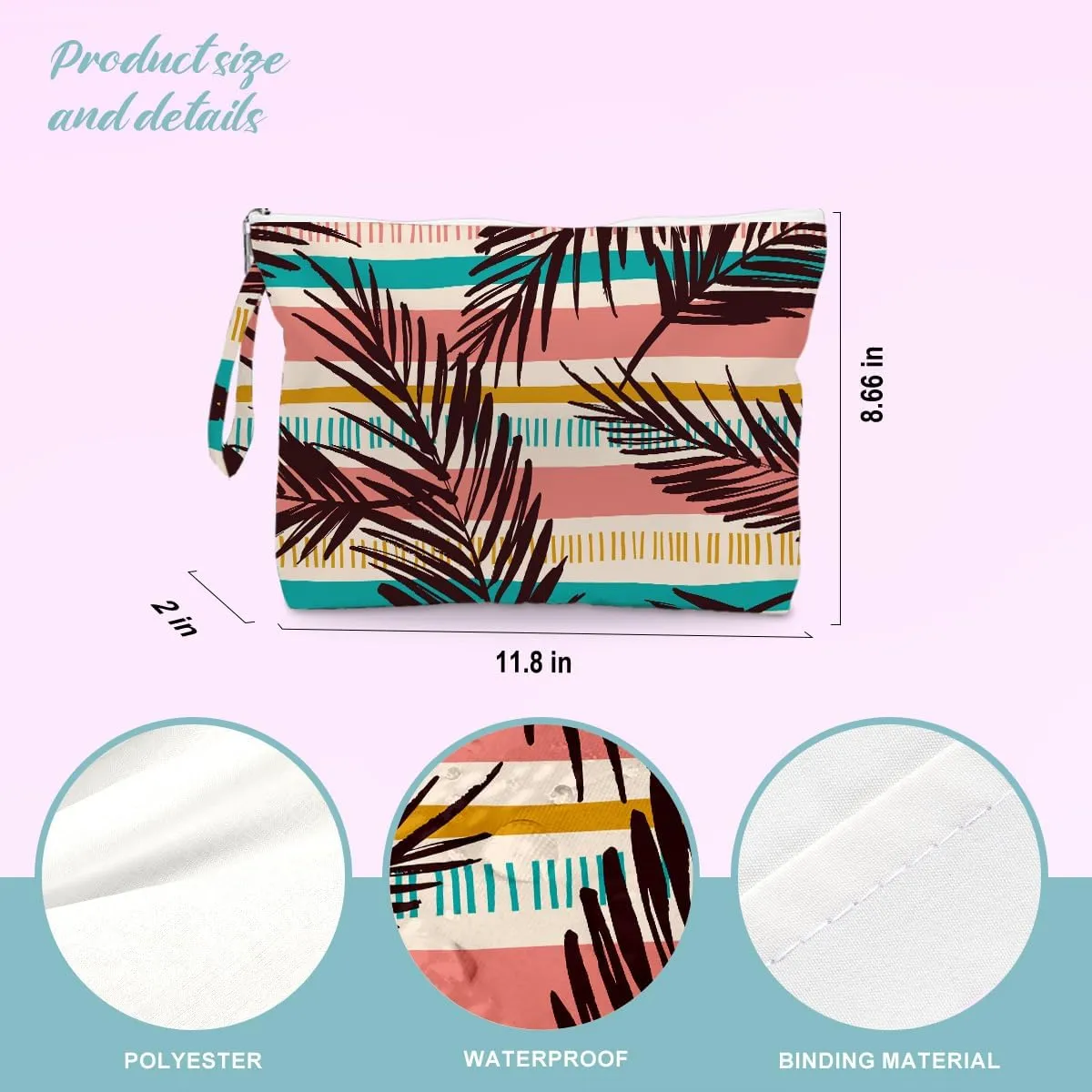 BELLOWDEER Beach Bags for Women, Wet Bag Cosmetic Bag, Pool Waterproof Shoulder Tote Bags, Pocket Zipper Summer Travel Essentials, Gifts for Women Birthday - Dark Brown Palm Leaves (2-Piece Set)