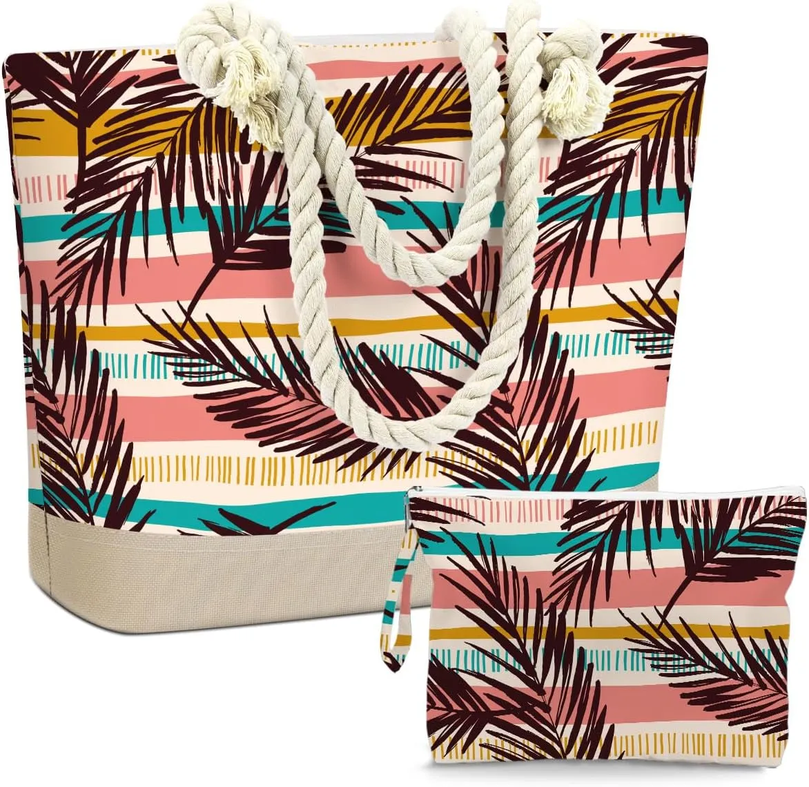 BELLOWDEER Beach Bags for Women, Wet Bag Cosmetic Bag, Pool Waterproof Shoulder Tote Bags, Pocket Zipper Summer Travel Essentials, Gifts for Women Birthday - Dark Brown Palm Leaves (2-Piece Set)