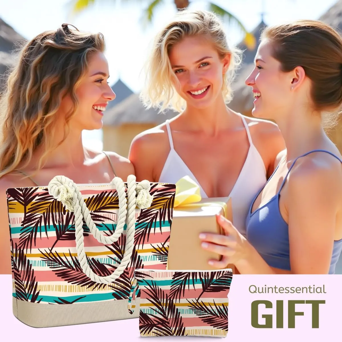 BELLOWDEER Beach Bags for Women, Wet Bag Cosmetic Bag, Pool Waterproof Shoulder Tote Bags, Pocket Zipper Summer Travel Essentials, Gifts for Women Birthday - Dark Brown Palm Leaves (2-Piece Set)