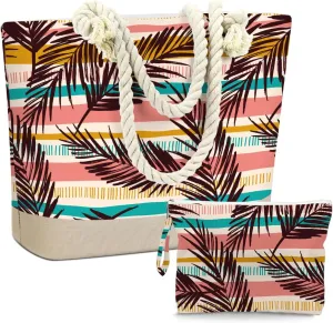 BELLOWDEER Beach Bags for Women, Wet Bag Cosmetic Bag, Pool Waterproof Shoulder Tote Bags, Pocket Zipper Summer Travel Essentials, Gifts for Women Birthday - Dark Brown Palm Leaves (2-Piece Set)