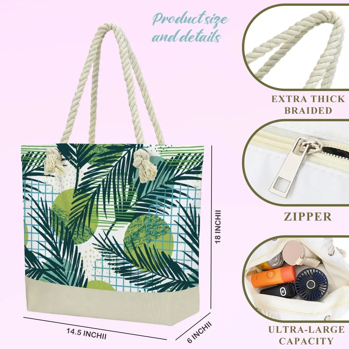 BELLOWDEER Beach Bags for Women, Wet Bag Cosmetic Bag, Pool Waterproof Shoulder Tote Bags, Pocket Zipper Summer Travel Essentials, Gifts for Women Birthday - Dark Green Palm Leaves (2-Piece Set)