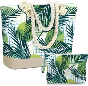 BELLOWDEER Beach Bags for Women, Wet Bag Cosmetic Bag, Pool Waterproof Shoulder Tote Bags, Pocket Zipper Summer Travel Essentials, Gifts for Women Birthday - Dark Green Palm Leaves (2-Piece Set)