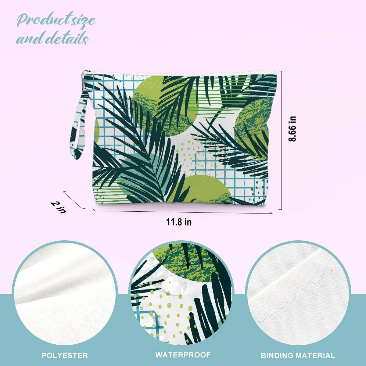 BELLOWDEER Beach Bags for Women, Wet Bag Cosmetic Bag, Pool Waterproof Shoulder Tote Bags, Pocket Zipper Summer Travel Essentials, Gifts for Women Birthday - Dark Green Palm Leaves (2-Piece Set)