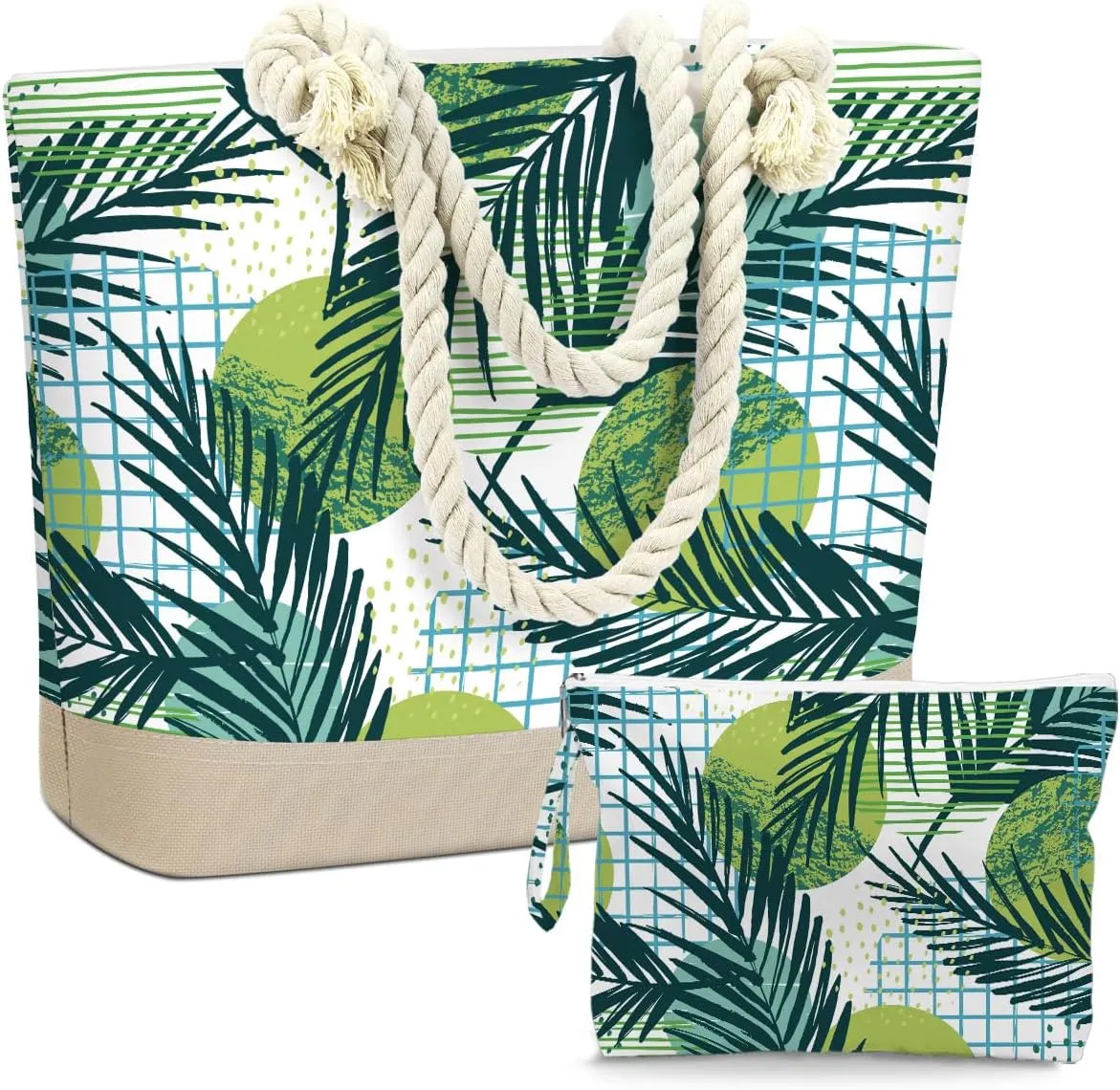 BELLOWDEER Beach Bags for Women, Wet Bag Cosmetic Bag, Pool Waterproof Shoulder Tote Bags, Pocket Zipper Summer Travel Essentials, Gifts for Women Birthday - Dark Green Palm Leaves (2-Piece Set)