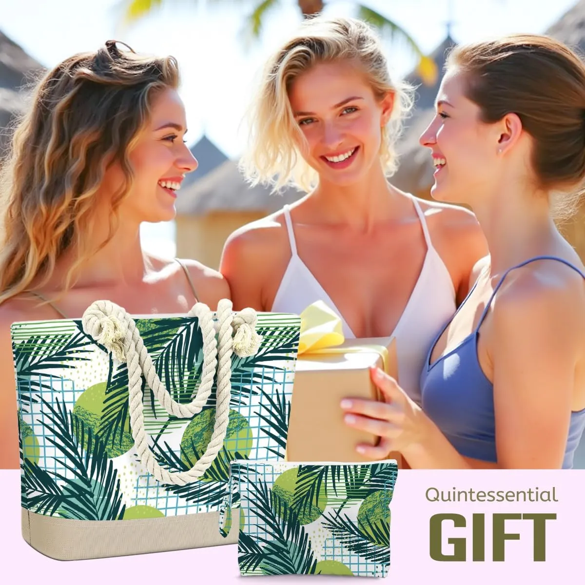 BELLOWDEER Beach Bags for Women, Wet Bag Cosmetic Bag, Pool Waterproof Shoulder Tote Bags, Pocket Zipper Summer Travel Essentials, Gifts for Women Birthday - Dark Green Palm Leaves (2-Piece Set)