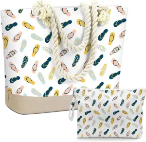 BELLOWDEER Beach Bags for Women, Wet Bag Cosmetic Bag, Pool Waterproof Shoulder Tote Bags, Pocket Zipper Summer Travel Essentials, Gifts for Women Birthday - Flip Flops (2-Piece Set)