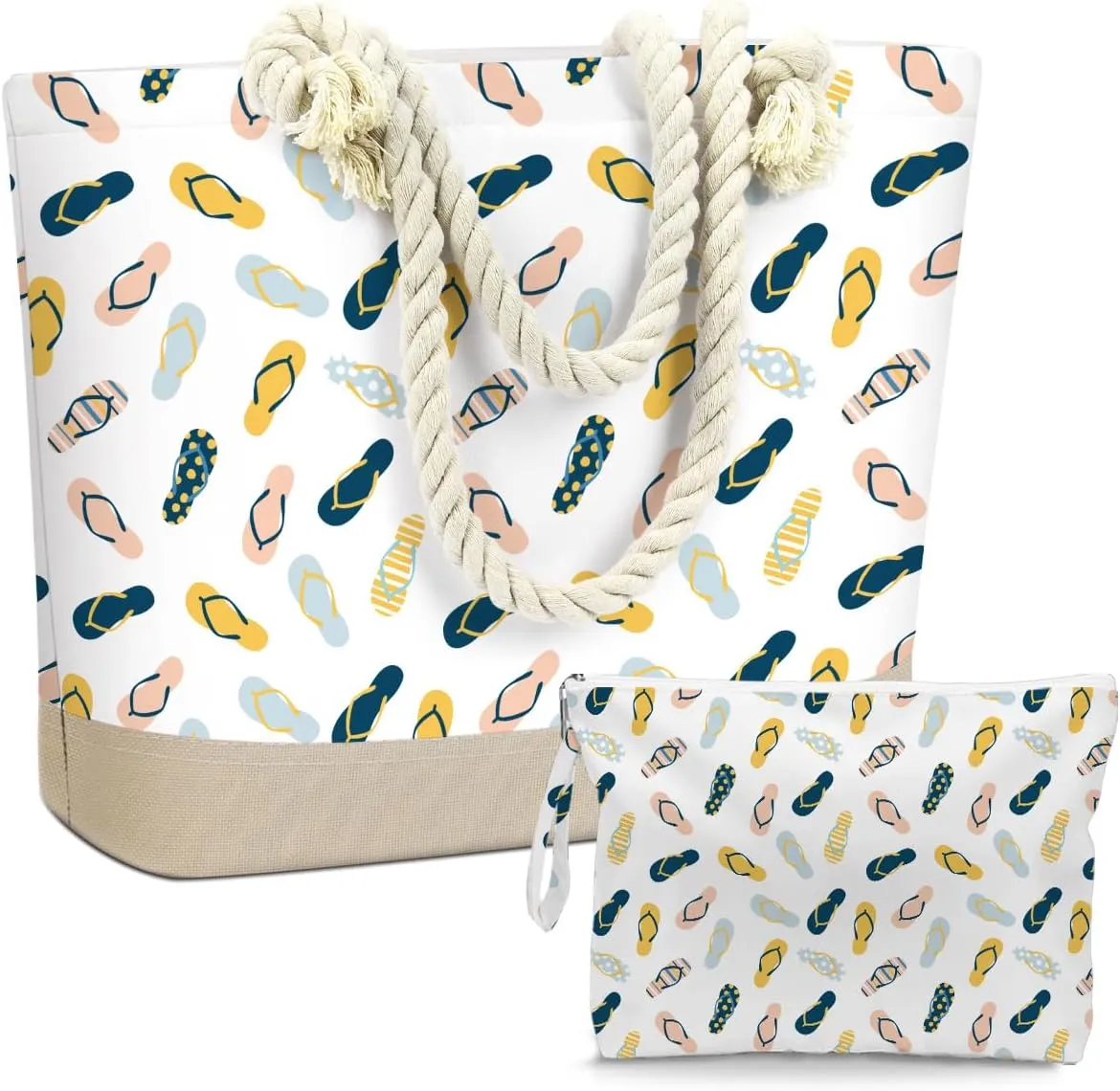 BELLOWDEER Beach Bags for Women, Wet Bag Cosmetic Bag, Pool Waterproof Shoulder Tote Bags, Pocket Zipper Summer Travel Essentials, Gifts for Women Birthday - Flip Flops (2-Piece Set)