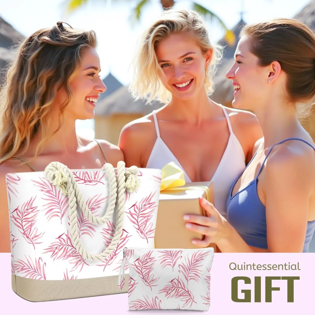 BELLOWDEER Beach Bags for Women, Wet Bag Cosmetic Bag, Pool Waterproof Shoulder Tote Bags, Pocket Zipper Summer Travel Essentials, Gifts for Women Birthday - Pink Palm Leaves (2-Piece Set)