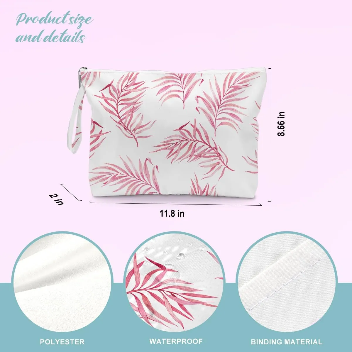 BELLOWDEER Beach Bags for Women, Wet Bag Cosmetic Bag, Pool Waterproof Shoulder Tote Bags, Pocket Zipper Summer Travel Essentials, Gifts for Women Birthday - Pink Palm Leaves (2-Piece Set)