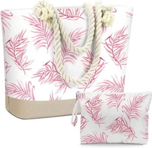 BELLOWDEER Beach Bags for Women, Wet Bag Cosmetic Bag, Pool Waterproof Shoulder Tote Bags, Pocket Zipper Summer Travel Essentials, Gifts for Women Birthday - Pink Palm Leaves (2-Piece Set)
