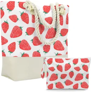 BELLOWDEER Beach Bags for Women, Wet Bag Cosmetic Bag, Pool Waterproof Shoulder Tote Bags, Pocket Zipper Summer Travel Essentials, Gifts for Women Birthday - Strawberry (2-Piece Set)